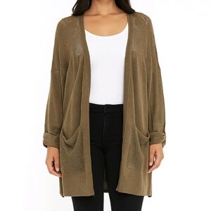 Roz & Ali Sweater Olive Green Linen Blend Long Roll Tab Sleeve Cardigan Size XL